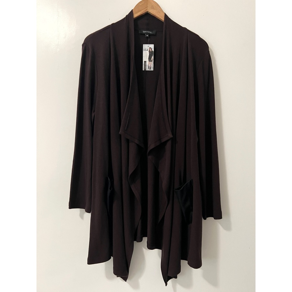 Karen‎ Kane Womens 2X Waterfall Cardigan Brown Faux Leather Trim Open Front NWT